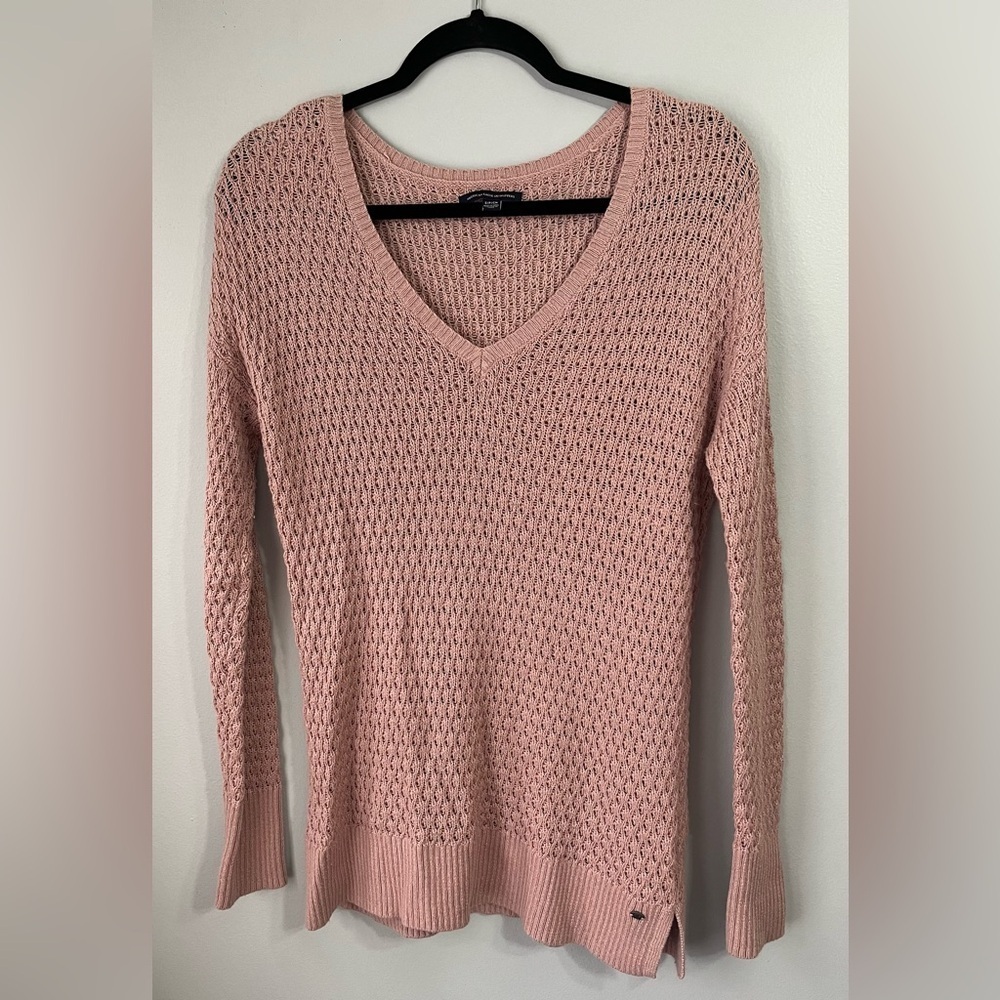 AE Outfitters women’s small dusty rose Y2K Academia crochet knit wool sweater